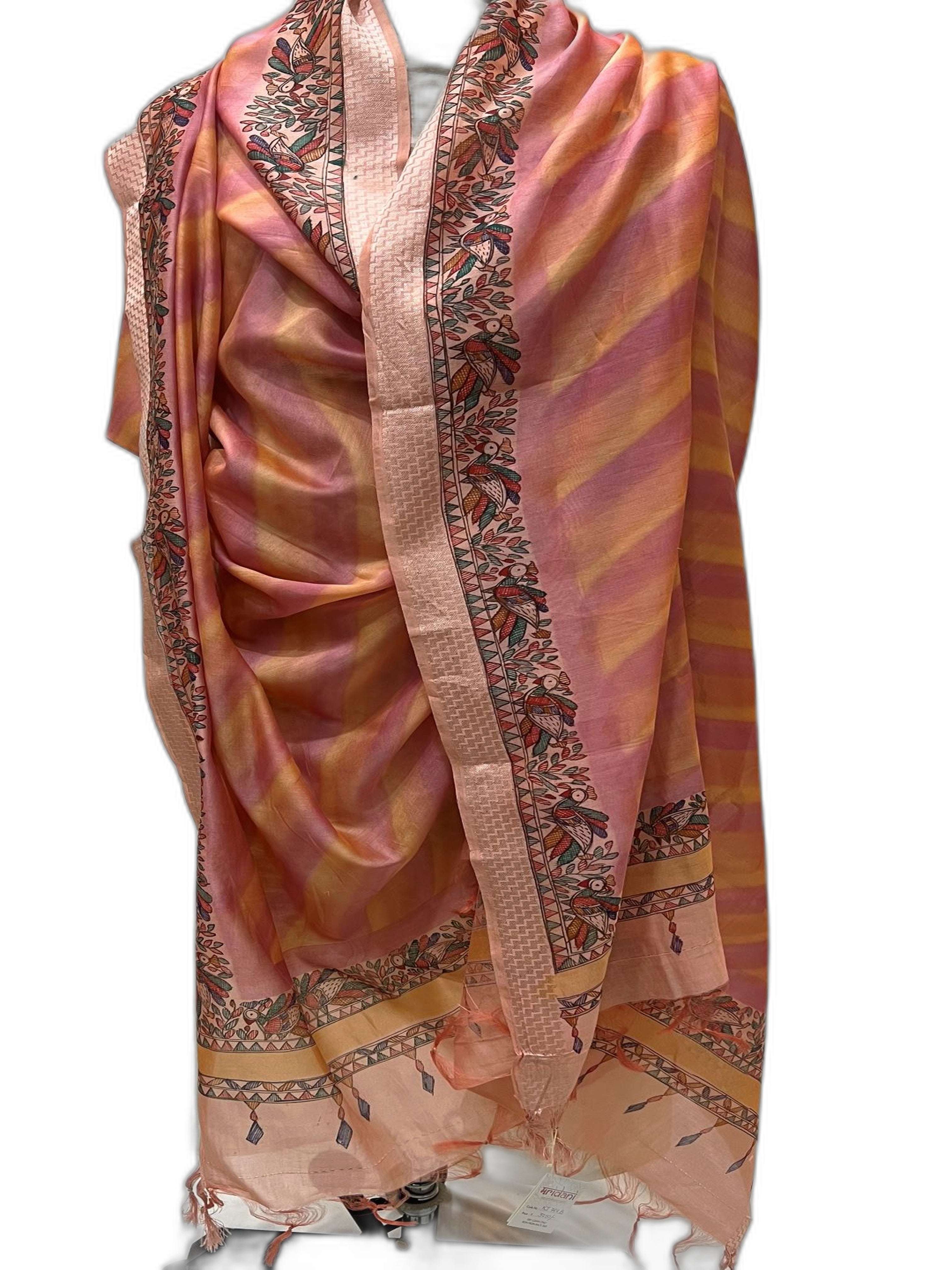Hand-Painted Chanderi Dupatta- Shaded Pink in Leherya Style